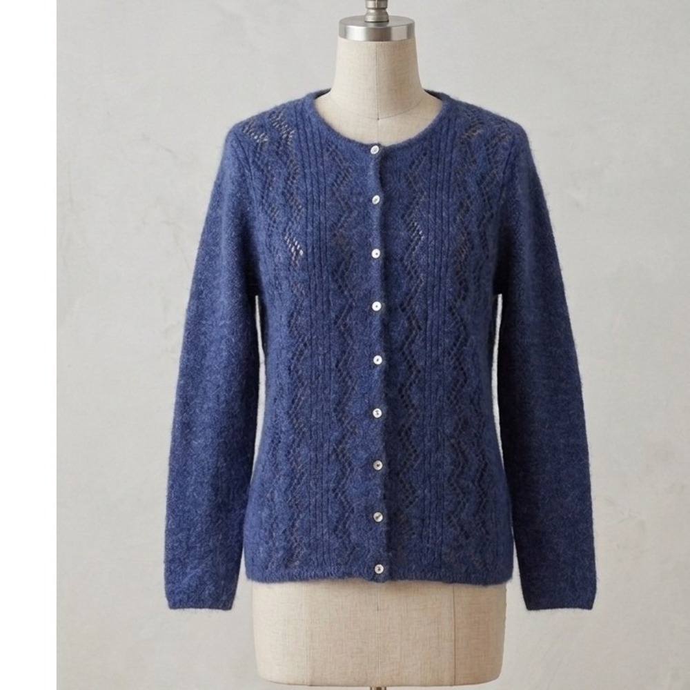 Vintage Pointelle Knit Mohair Blend Cardigan Dainty Coquette Blue‎ Womens M